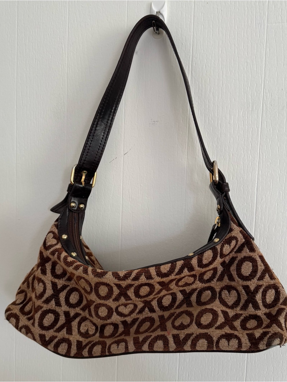 XOXO Brown and Tan Monogram Shoulder Bag with Gold Plate - Picture 5 of 5